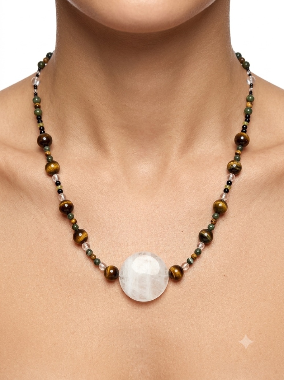 Green and Brown Beaded Necklace with White Rock Crystal quartz center stone